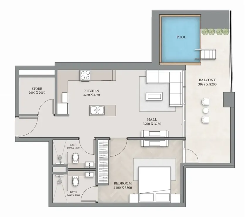 Empire Gardens 1 bed floor plan, 962 sqft