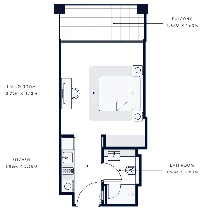 Riviera 65 Studio floor plan, 383 – 386 sqft