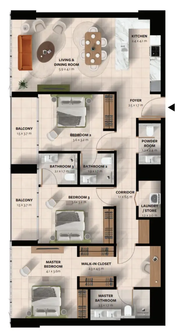 Waada Dubai South 3 bed floor plan, 1,531 sqft