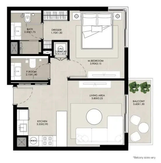 Rosewell 1 bed floor plan, 608 sqft