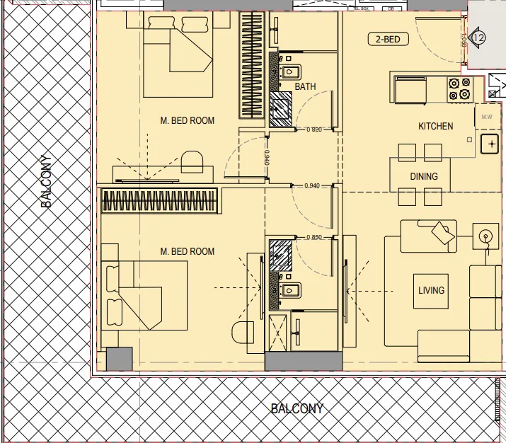 Binghatti Ivory 2 bed floor plan, 1,263 sqft