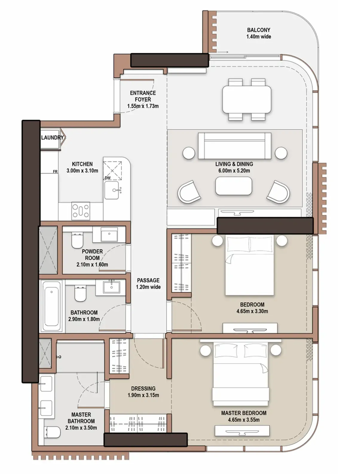The Edit at d3 2 bed floor plan, 1,267 sqft