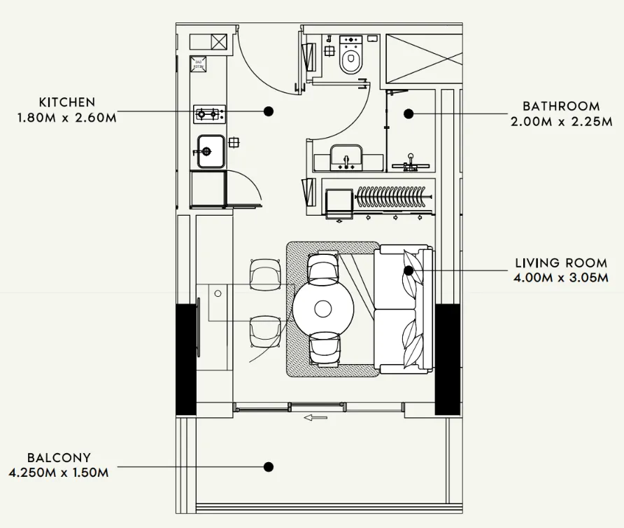 Beach Oasis 1 and 2 1 bed floor plan, 677 sqft