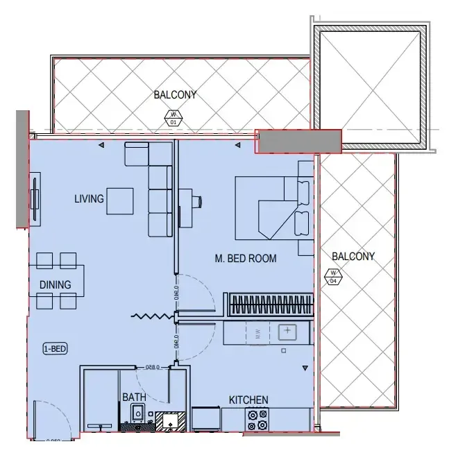 Binghatti Apex 1 bed floor plan, 906 sqft