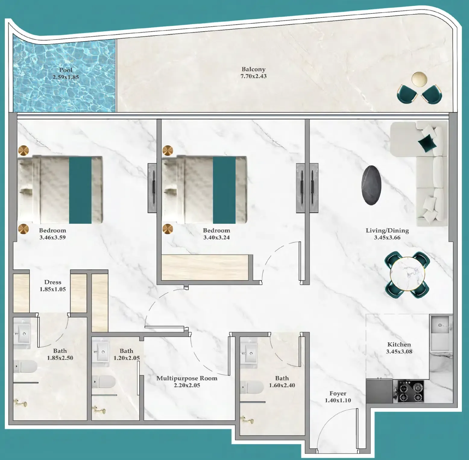 Breez 2 bed floor plan, 1,026 sqft