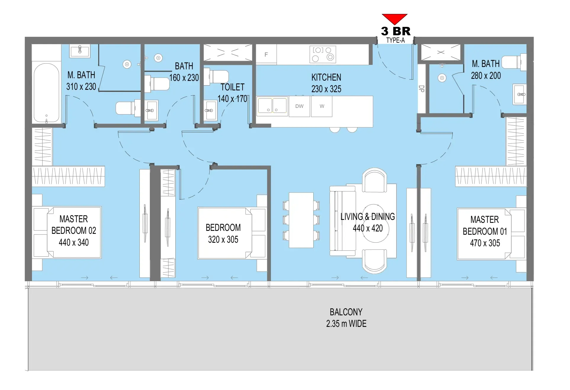Sensi 3 bed floor plan, 1,348 – 1,458 sqft