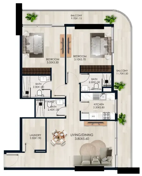 Verde by Vision 2 bed floor plan, 1,255 sqft
