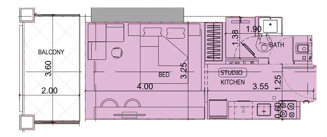 Binghatti Titania Studio floor plan, 371 sqft