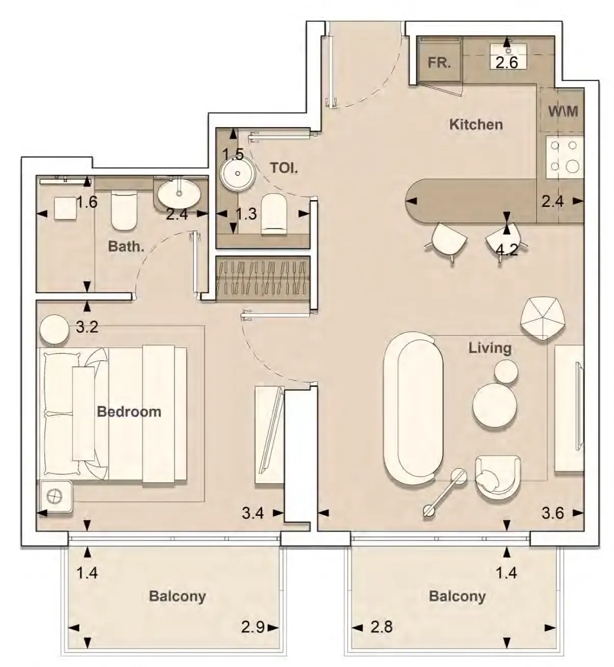 Lume Residences 1 bed floor plan, 595 sqft