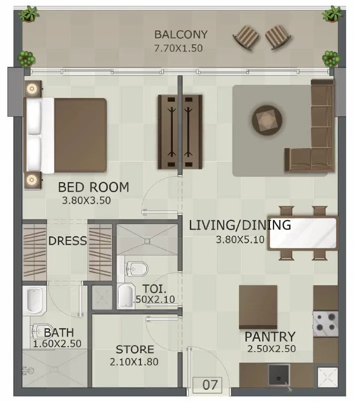 Regal Crest 1 bed floor plan, 784 sqft