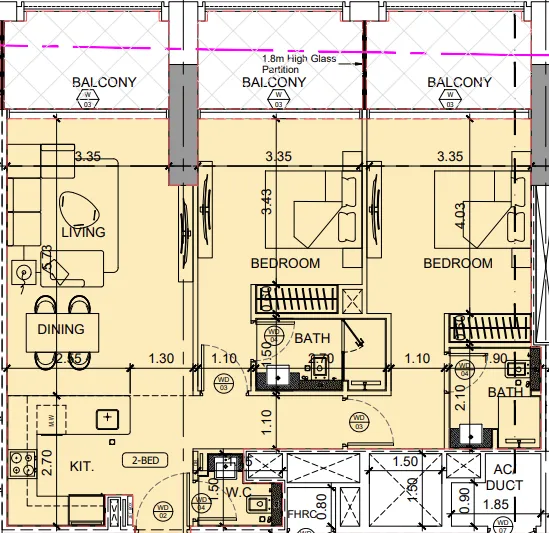 Binghatti Moonlight 2 bed floor plan, 1,186 sqft