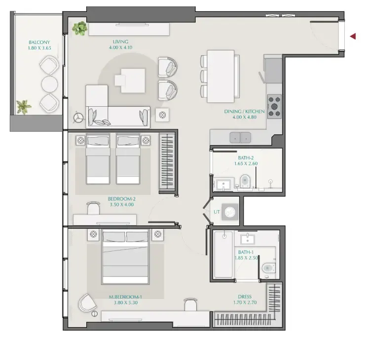 Avenue Park Towers 1 at Wasl 1 2 bed floor plan, 1,133 – 1,215 sqft