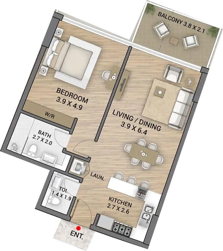 Ocean Tower 1 bed floor plan, 840 sqft