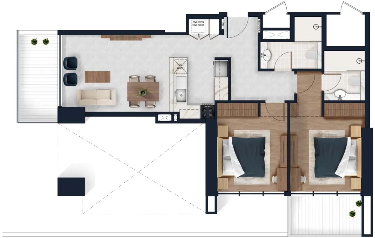 Alfal Residence 2 bed floor plan, 940 sqft