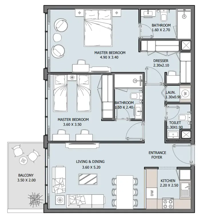 Oceana 2 bed floor plan, 1,012 – 1,019 sqft