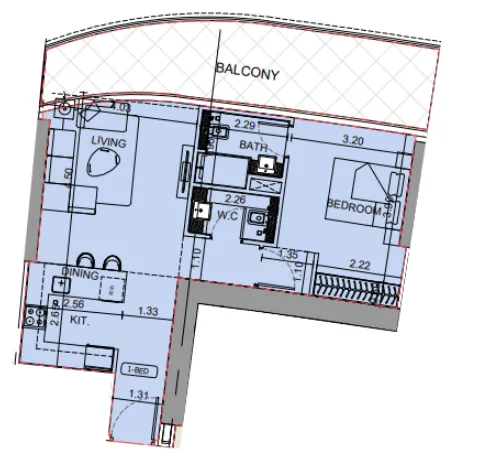Binghatti Aquarise 1 bed floor plan, 881 sqft