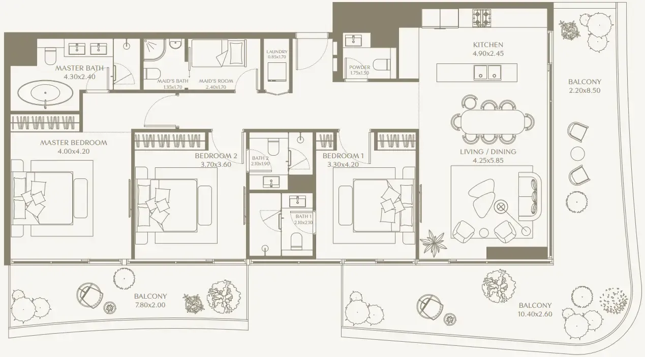 AYA Beachfront Residences 3 bed floor plan, 2,114 – 2,133 sqft