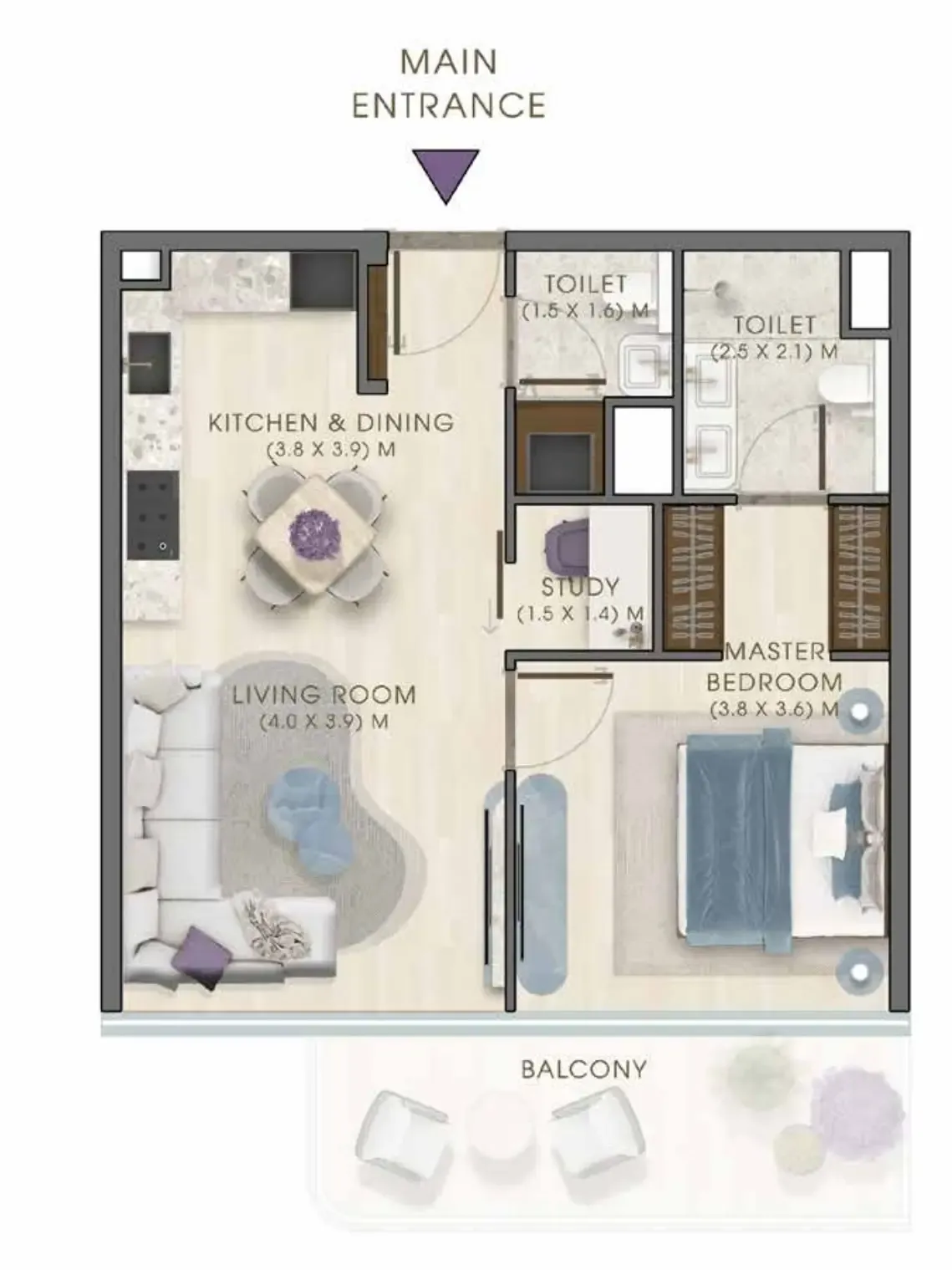 Kaia Residences 1 bed floor plan, 792 sqft