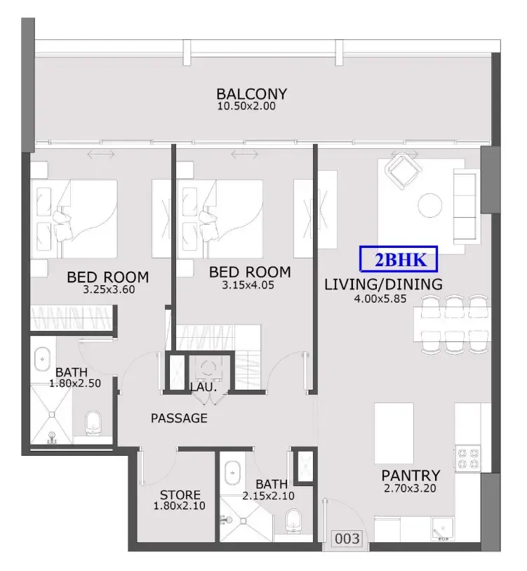 Azra Residence 2 bed floor plan, 1,242 sqft
