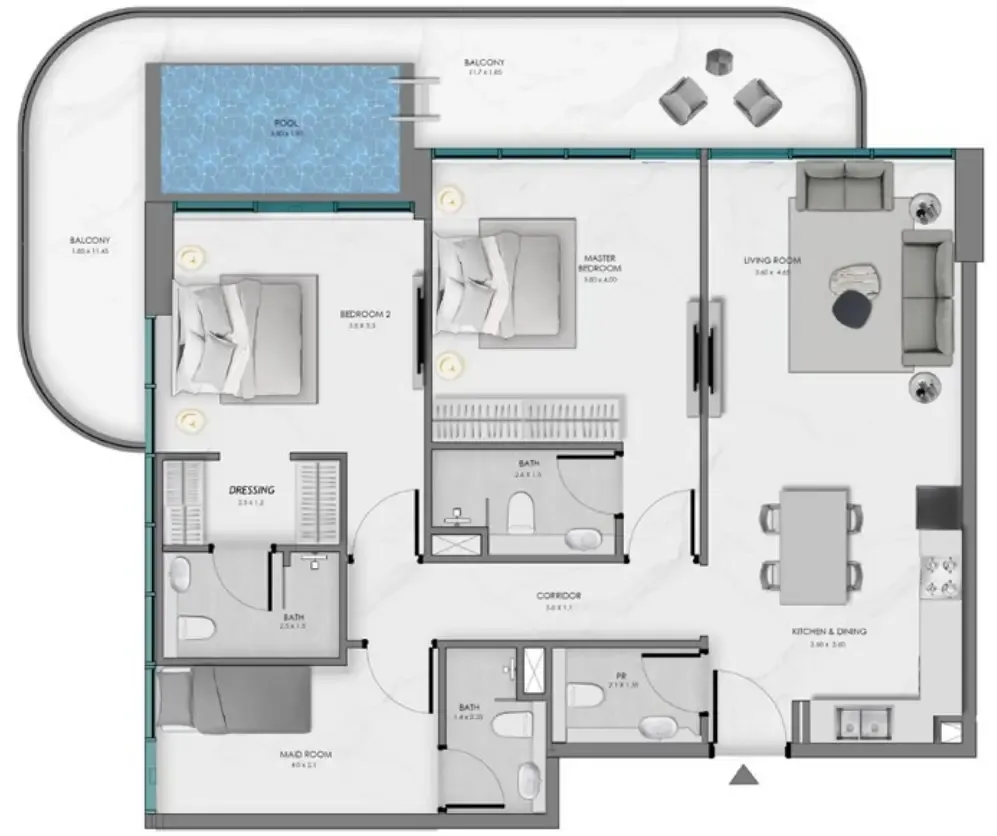 Samana Ocean Bay 2 bed floor plan, 1,418 sqft