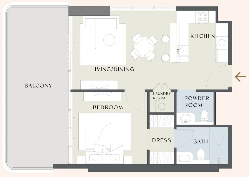 Chelsea Gardens 1 bed floor plan, 871 sqft
