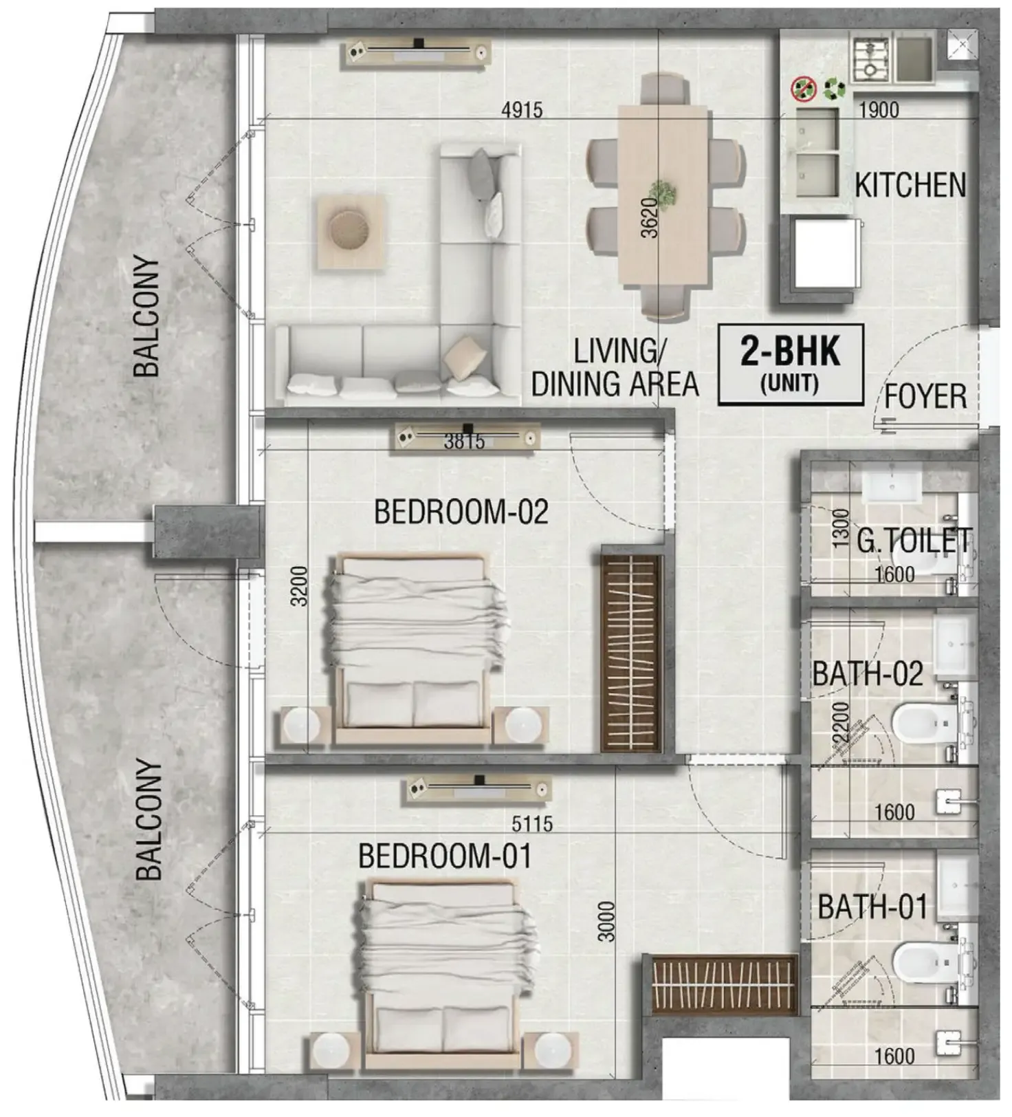 Ramada Residences by Wyndham in Dubai South 2 bed floor plan, 975 sqft