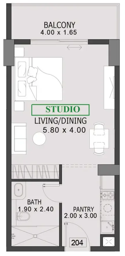 One By Preston Studio floor plan, 485 sqft