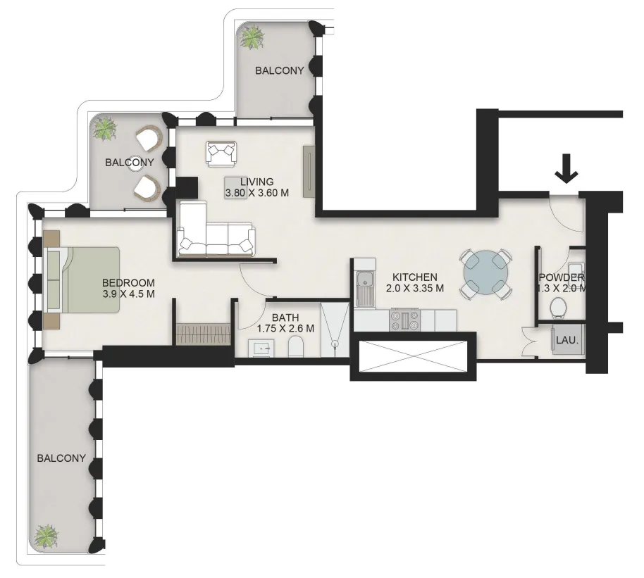 One B Tower 1 bed floor plan, 996 sqft