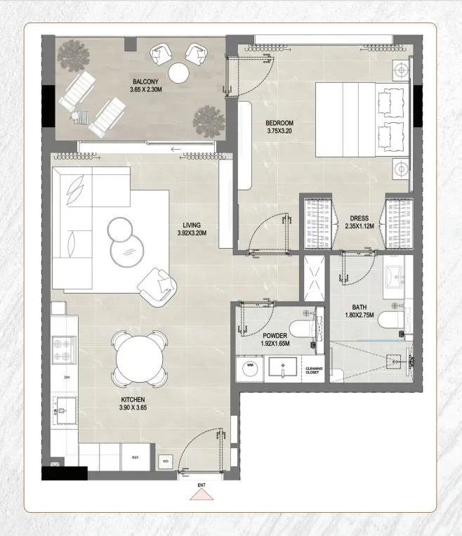 Amber by Enso 1 bed floor plan, 722 sqft