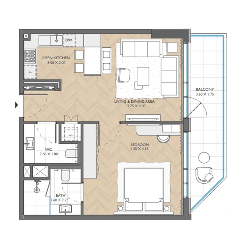 The Collective 1 bed floor plan, 823 sqft