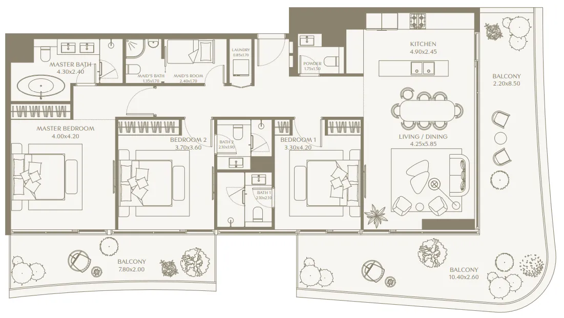 AYA Beachfront Residences 3 bed floor plan, 2,084 sqft