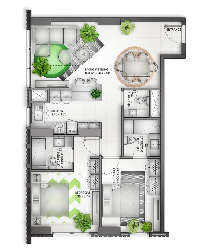 Al Mamsha Sharjah 2 bed floor plan, 1,117 sqft