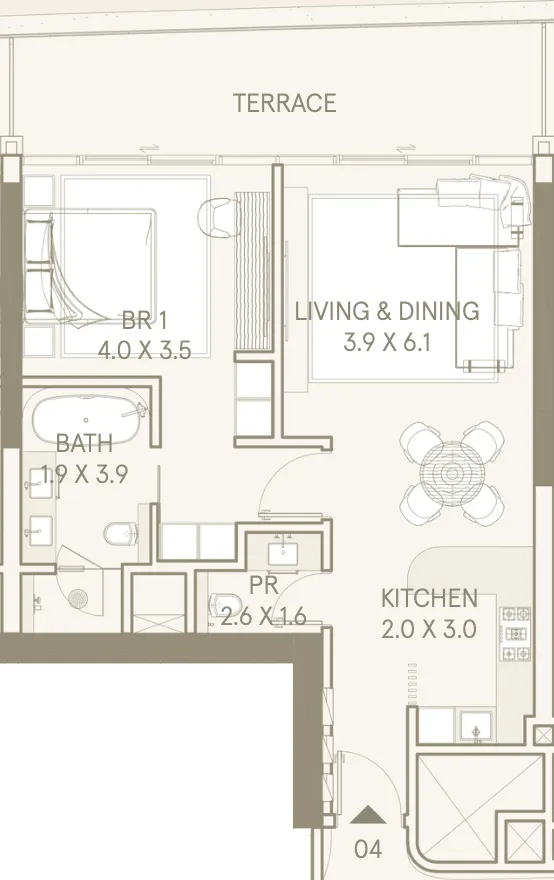 Saas Hills 1 bed floor plan, 945 – 1,079 sqft