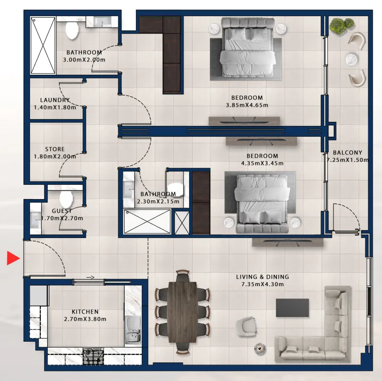 Asayel Avenue 2 bed floor plan, 1,477 sqft
