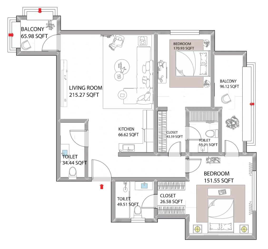 Ajman Creek Towers 2 bed floor plan, 1,582 sqft