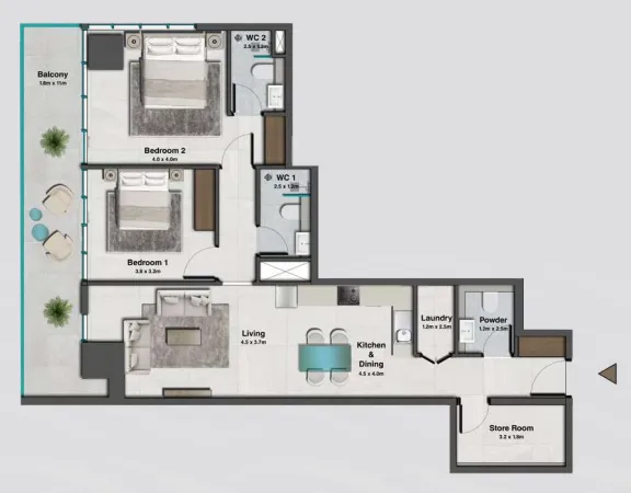 Sky Hills Residence 2 2 bed floor plan, 1,278 sqft