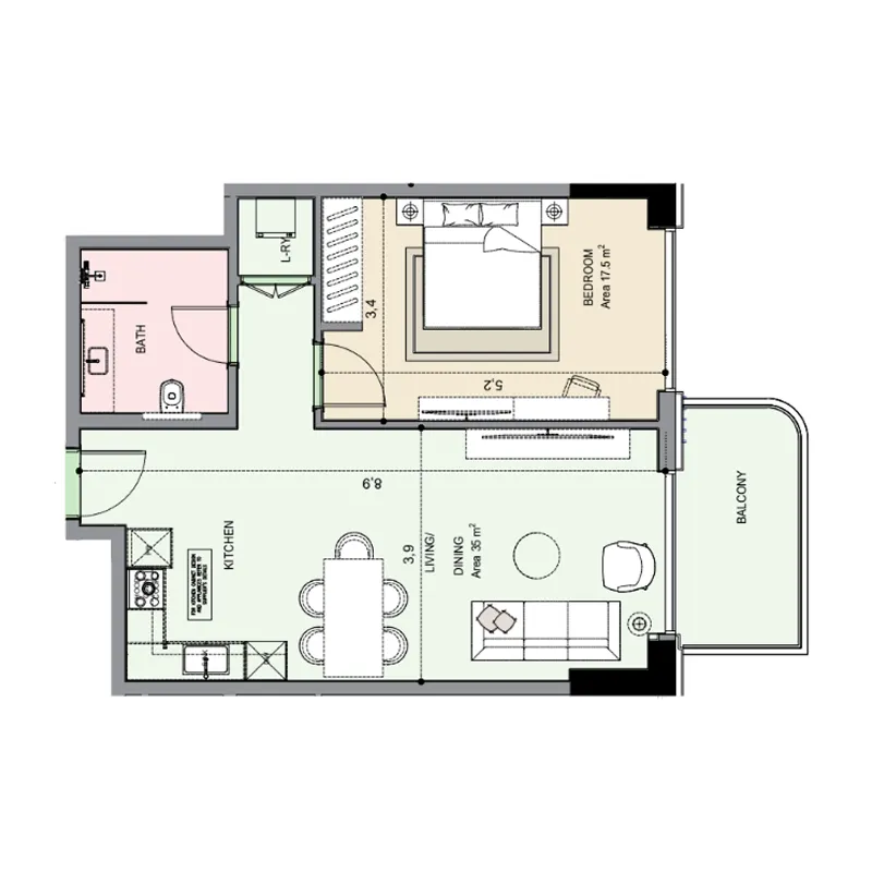 Edgewater Residences 1, 2 and 3 1 bed floor plan, 786 – 787 sqft