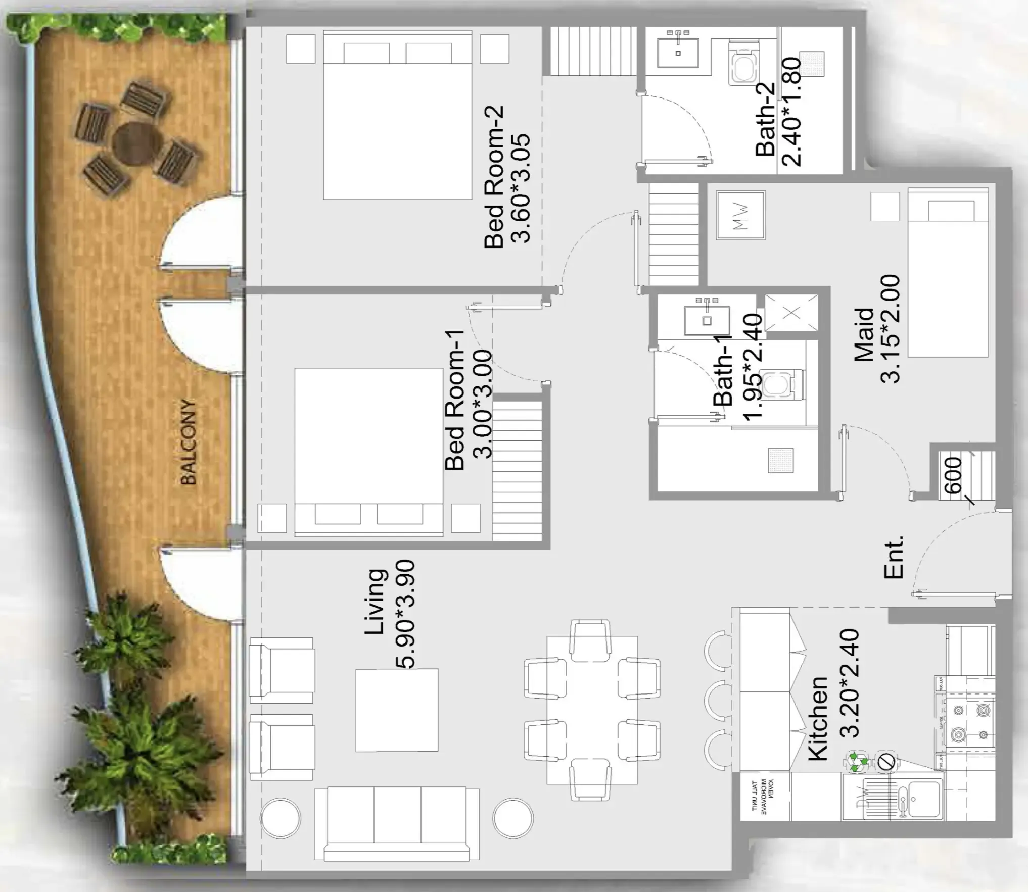 311 Boulevard 2 bed floor plan, 1,235 sqft