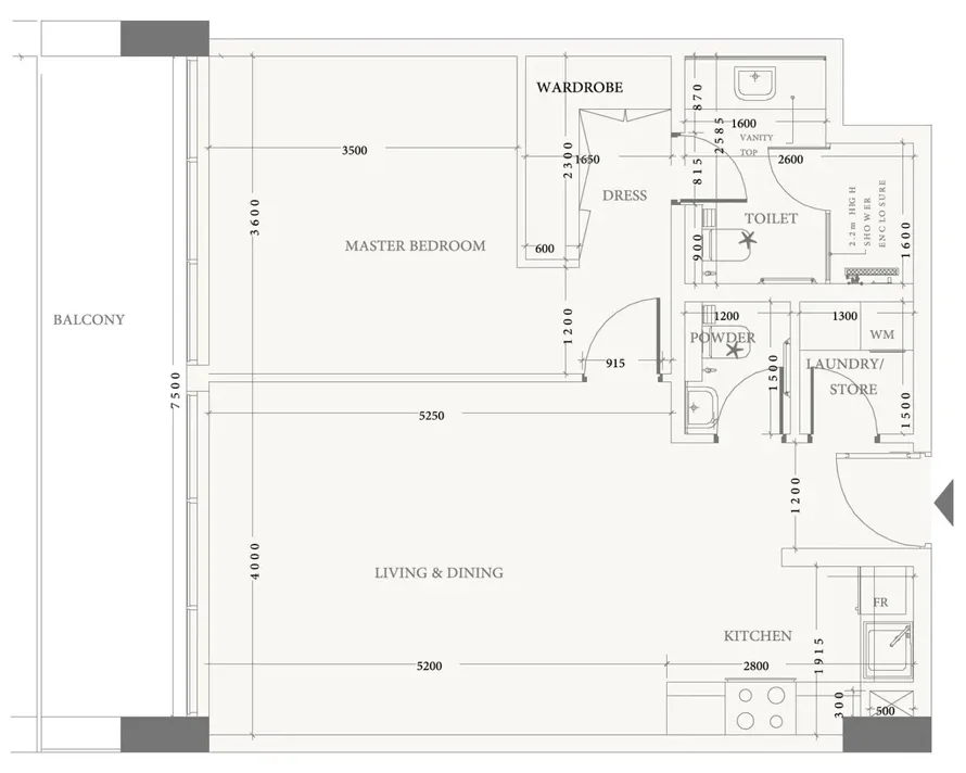 Arche Residences 1 bed floor plan, 801 sqft