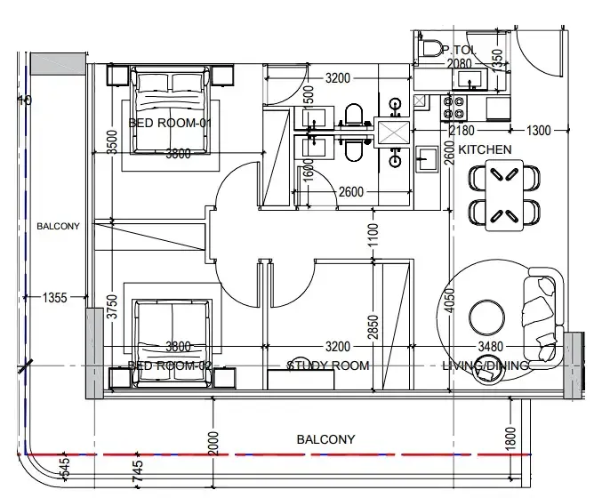 Al Haseen Residences 6 2 bed floor plan, 1,284 sqft