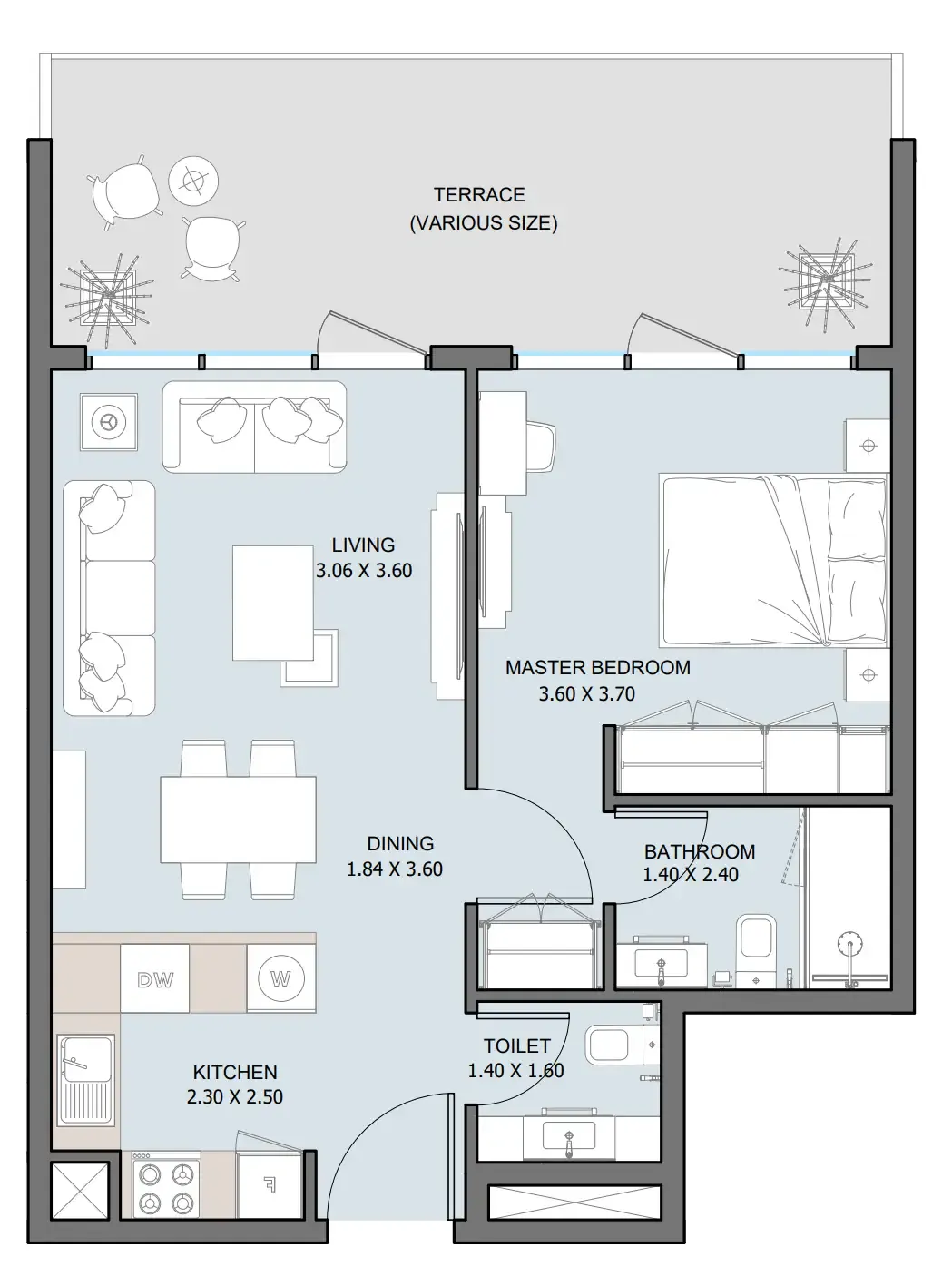The District 1 bed floor plan, 702 sqft