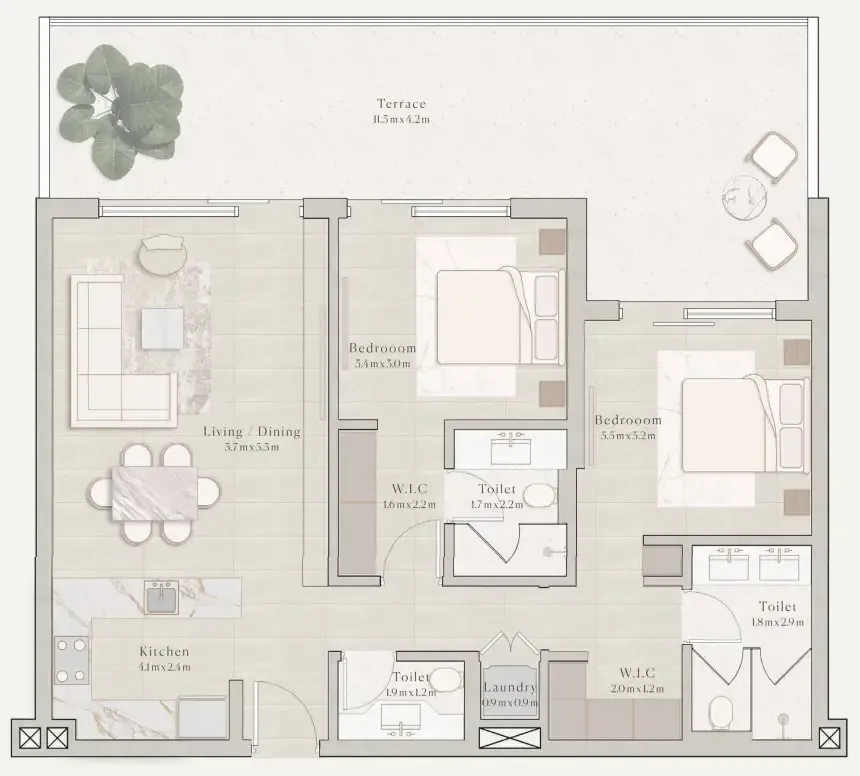 Emerge Residences 2 bed floor plan, 1,299 sqft