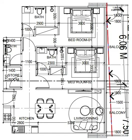 Al Haseen Residences 6 2 bed floor plan, 1,096 sqft