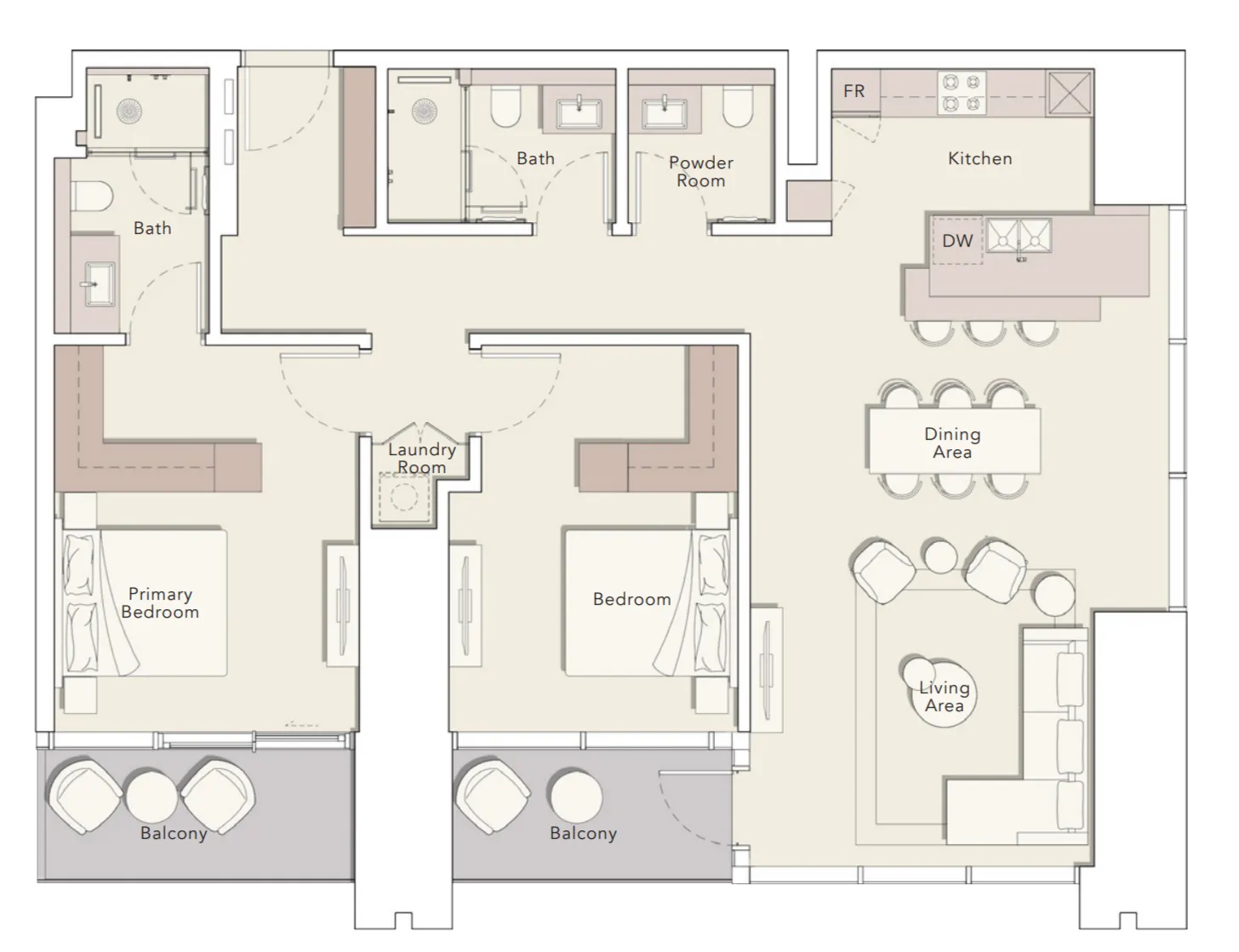 One River Point 2 bed floor plan, 1,490 sqft