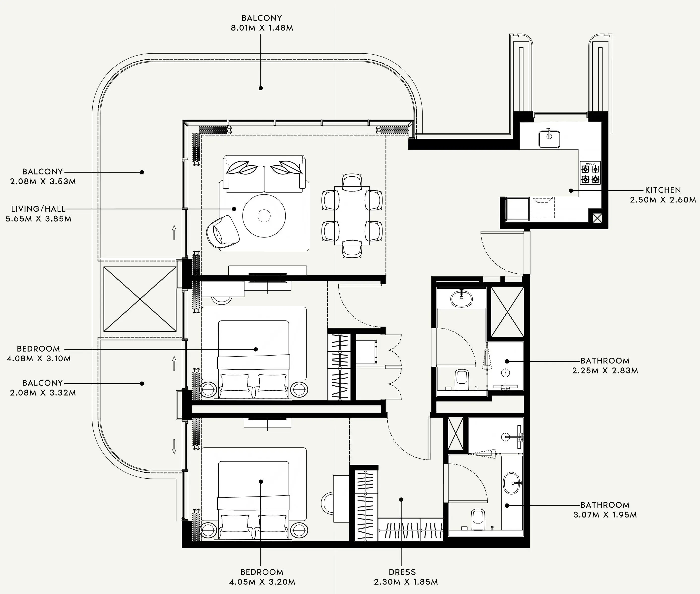 Azizi Venice 2 bed floor plan, 1,337 sqft