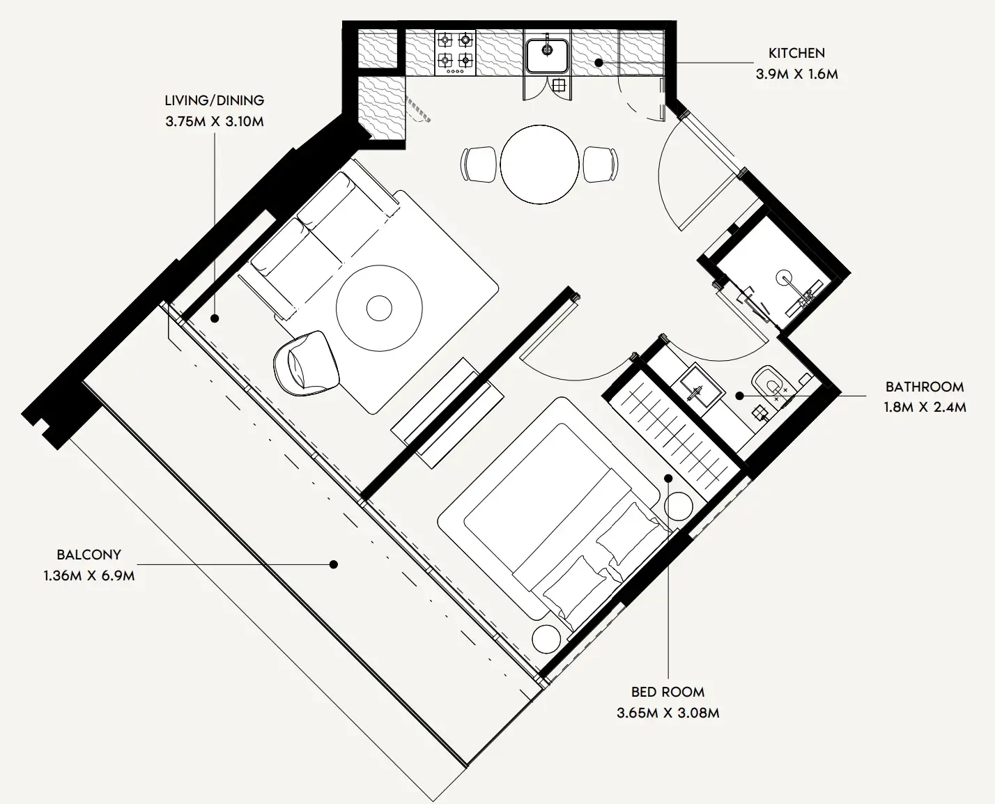 Creek Views 4 1 bed floor plan, 556 sqft