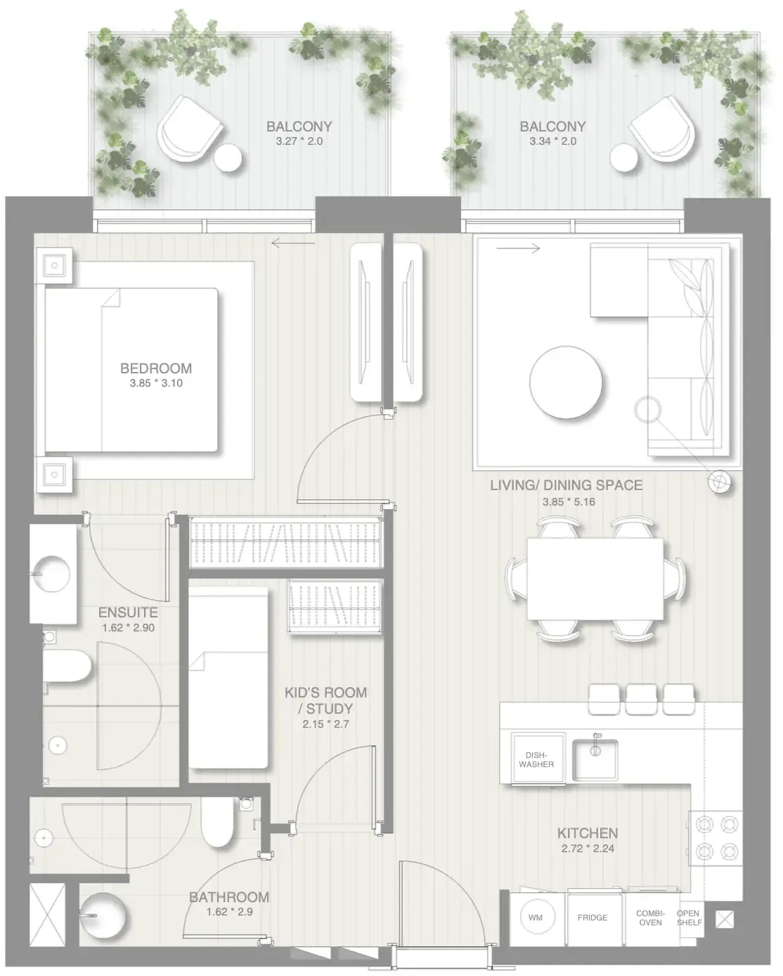 Sol Levante 1 bed floor plan, 845 sqft
