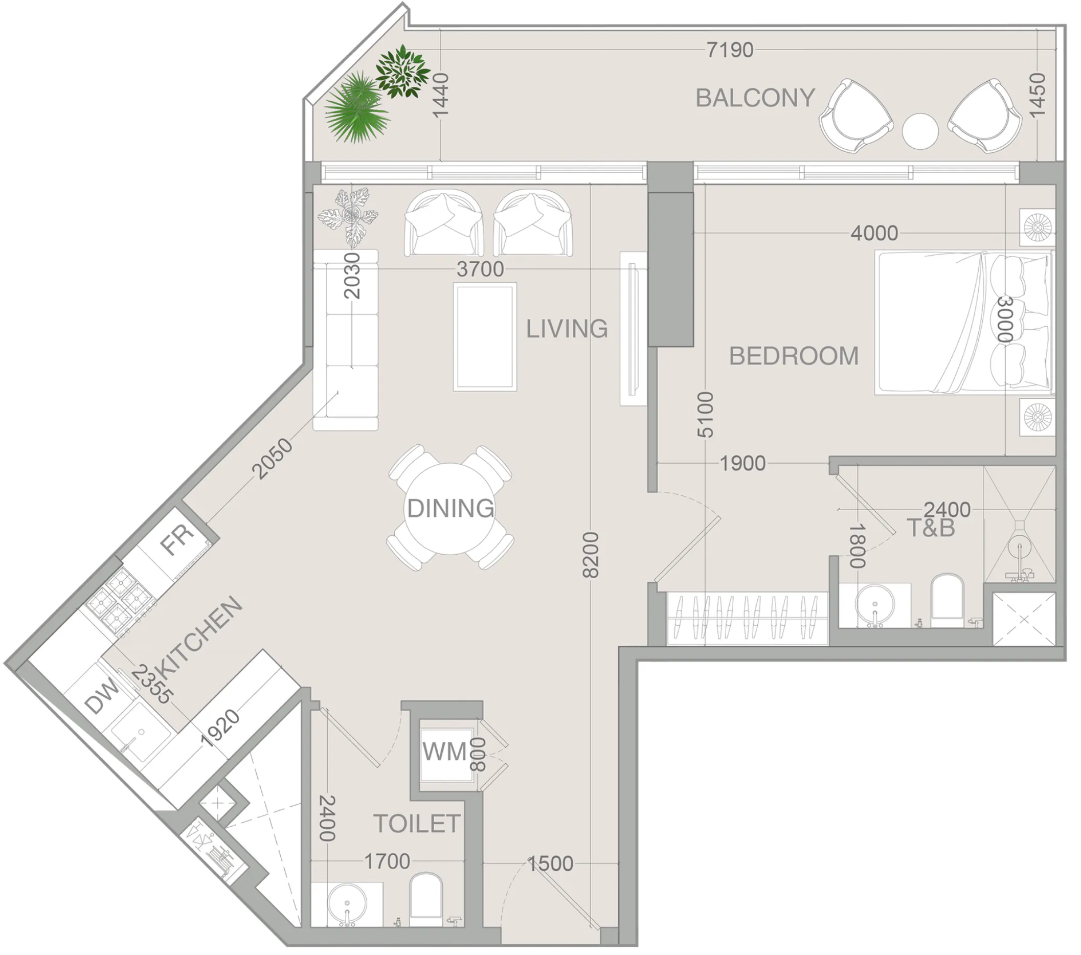 VERDAN1A 4 1 bed floor plan, 828 sqft