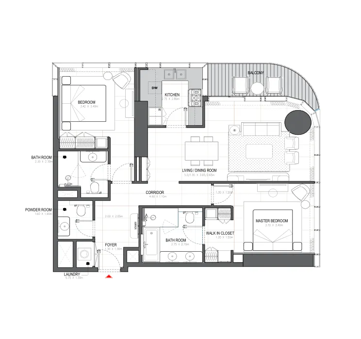 Linar 2 bed floor plan, 1,238 sqft