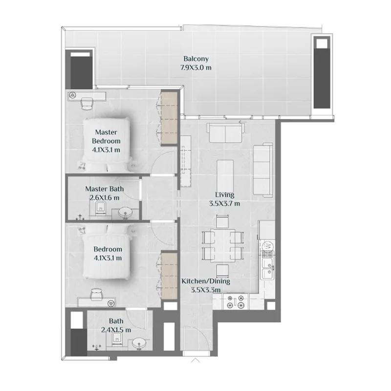 Sky Hills Residence 2 bed floor plan, 1,012 – 1,045 sqft